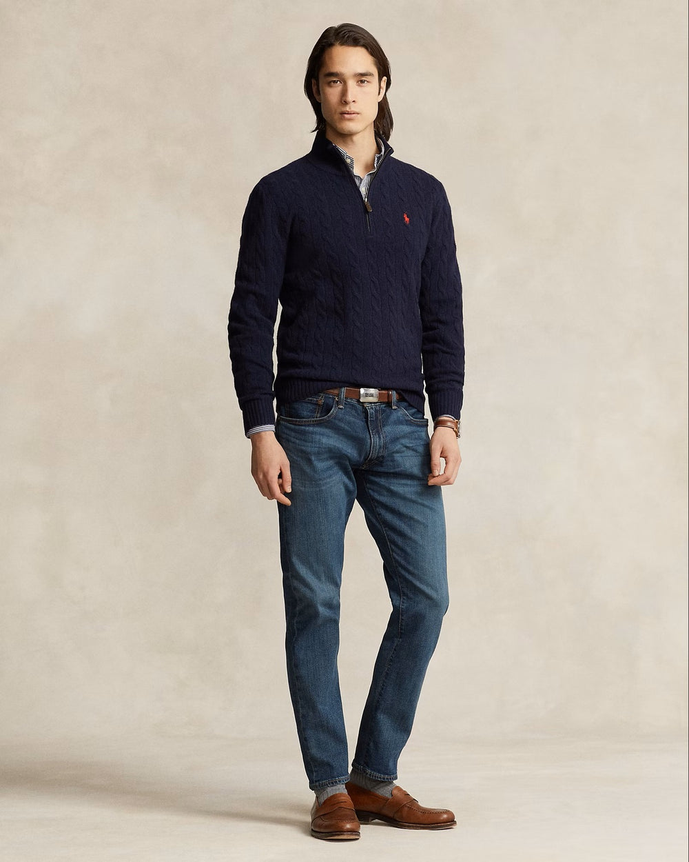POLO Ralph Lauren Kabel Half Zip – Blauw-90% wol, 10% kasjmier-HEREN TRUIEN & VESTEN-Blauw