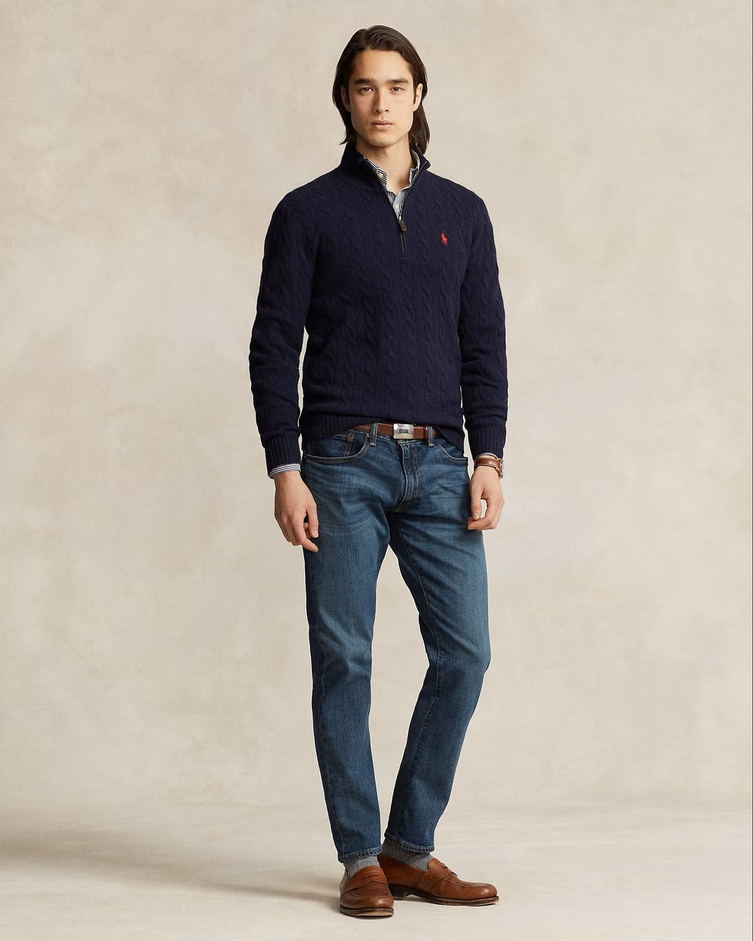 POLO Ralph Lauren Kabel Half Zip – Blauw-90% wol, 10% kasjmier-HEREN TRUIEN & VESTEN-Blauw
