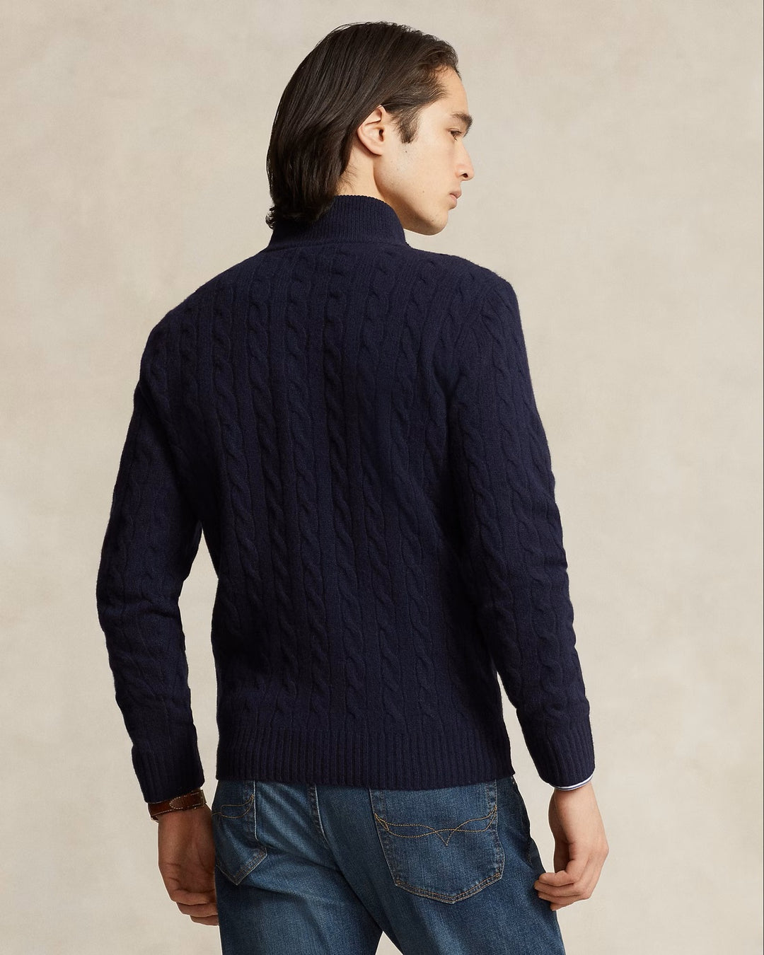 POLO Ralph Lauren Kabel Half Zip – Blauw-90% wol, 10% kasjmier-HEREN TRUIEN & VESTEN-Blauw