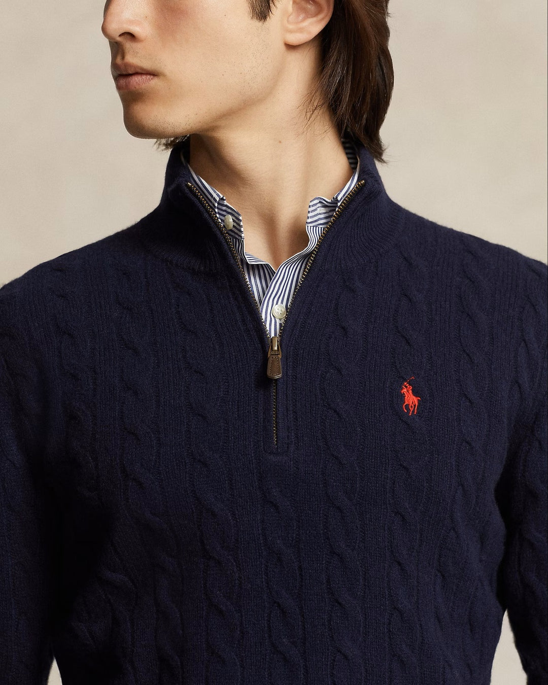 POLO Ralph Lauren Kabel Half Zip – Blauw-90% wol, 10% kasjmier-HEREN TRUIEN & VESTEN-Blauw