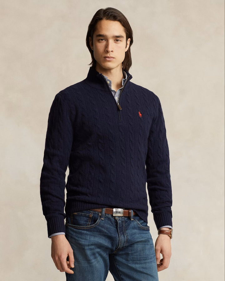 POLO Ralph Lauren Kabel Half Zip – Blauw-90% wol, 10% kasjmier-HEREN TRUIEN & VESTEN-Blauw