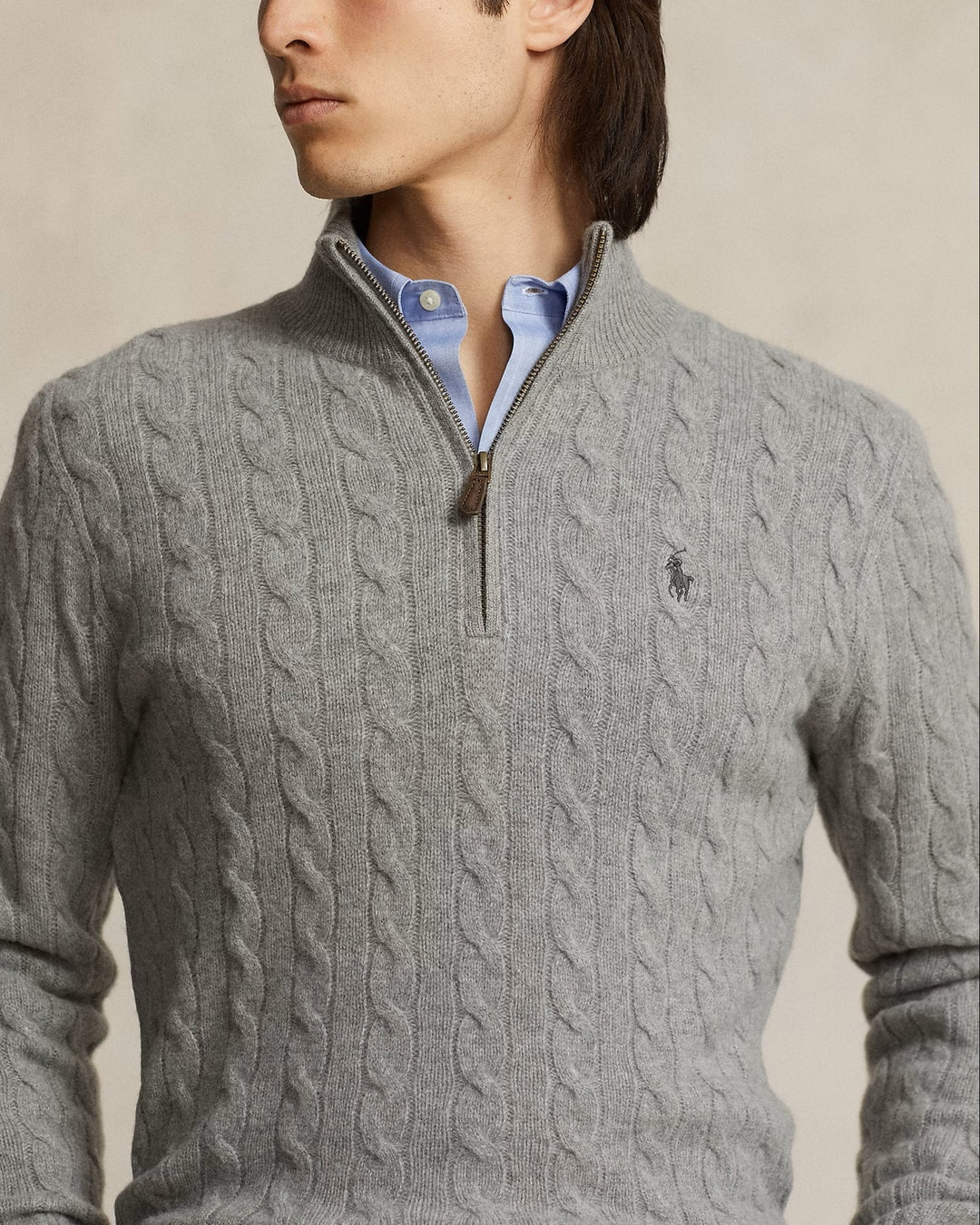 POLO Ralph Lauren Kabel Half Zip – Grijs-90% wol, 10% kasjmier-HEREN TRUIEN & VESTEN-Grijs