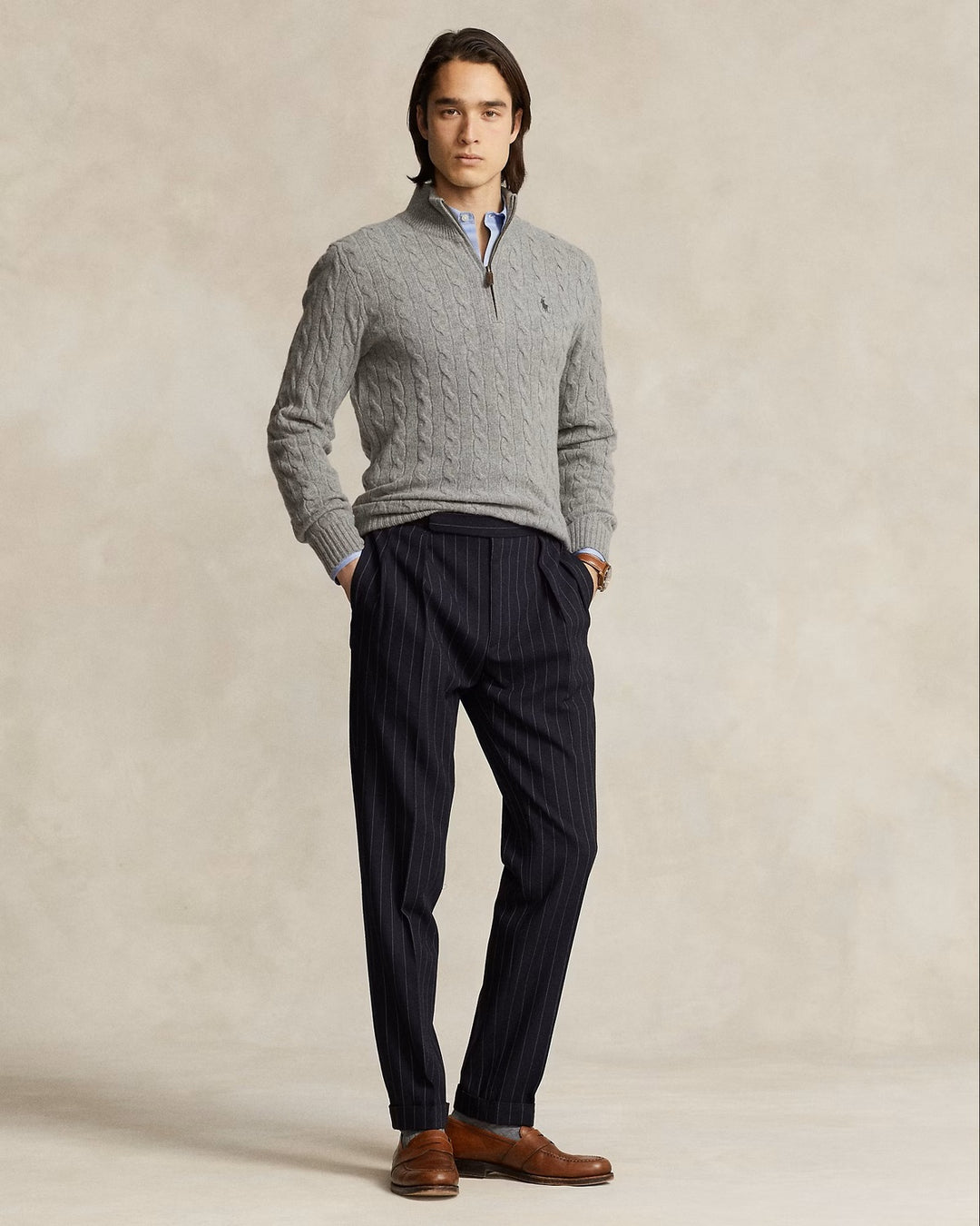 POLO Ralph Lauren Kabel Half Zip – Grijs-90% wol, 10% kasjmier-HEREN TRUIEN & VESTEN-Grijs