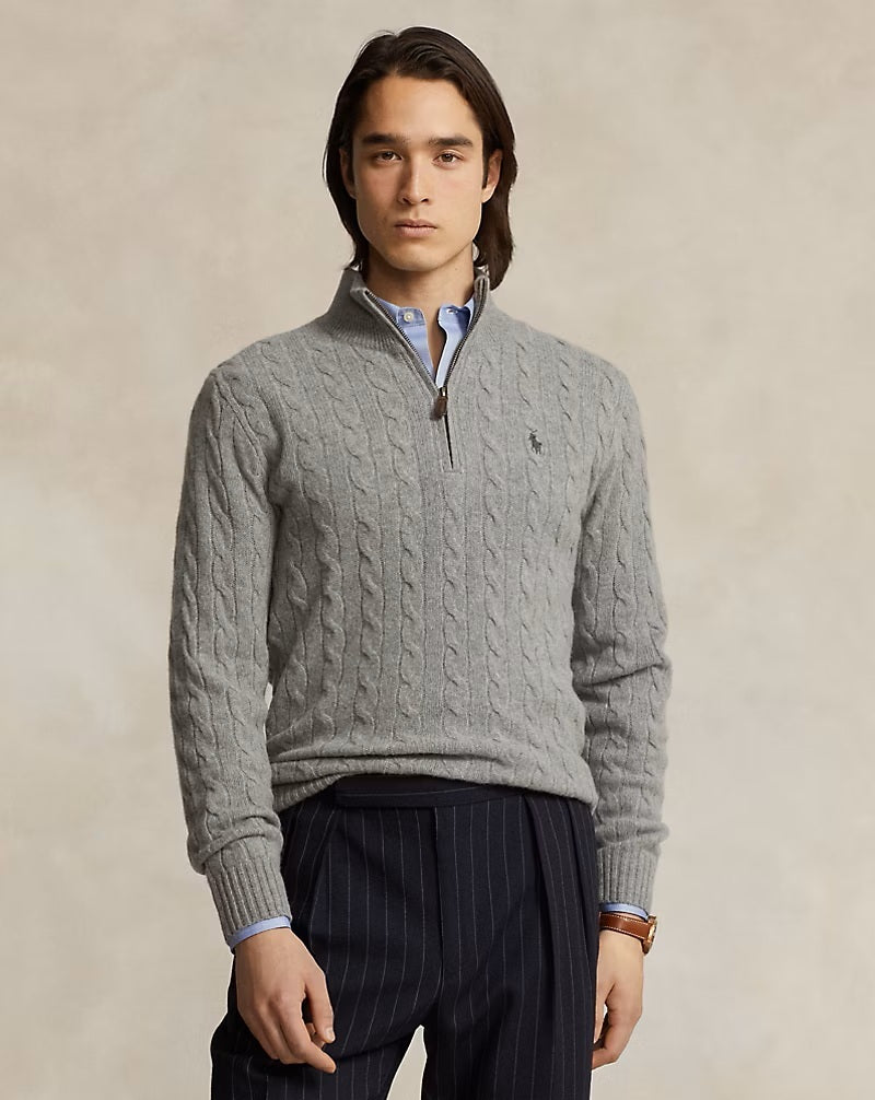 POLO Ralph Lauren Kabel Half Zip – Grijs-90% wol, 10% kasjmier-HEREN TRUIEN & VESTEN-Grijs