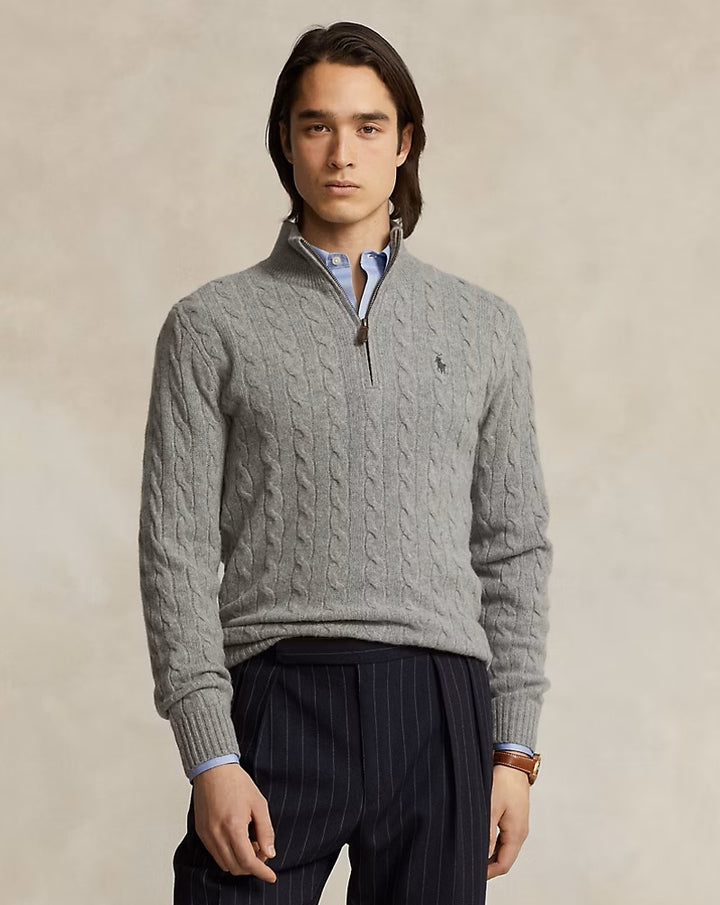 POLO Ralph Lauren Kabel Half Zip – Grijs-90% wol, 10% kasjmier-HEREN TRUIEN & VESTEN-Grijs