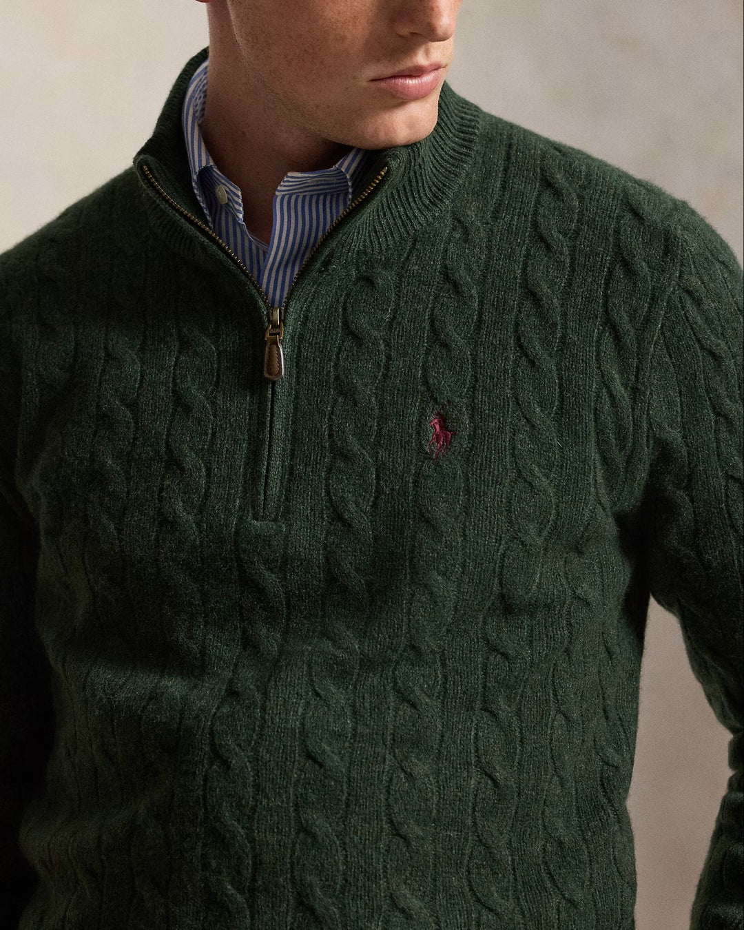 POLO Ralph Lauren Kabel Half Zip – Groen-90% wol, 10% kasjmier-HEREN TRUIEN & VESTEN-Groen