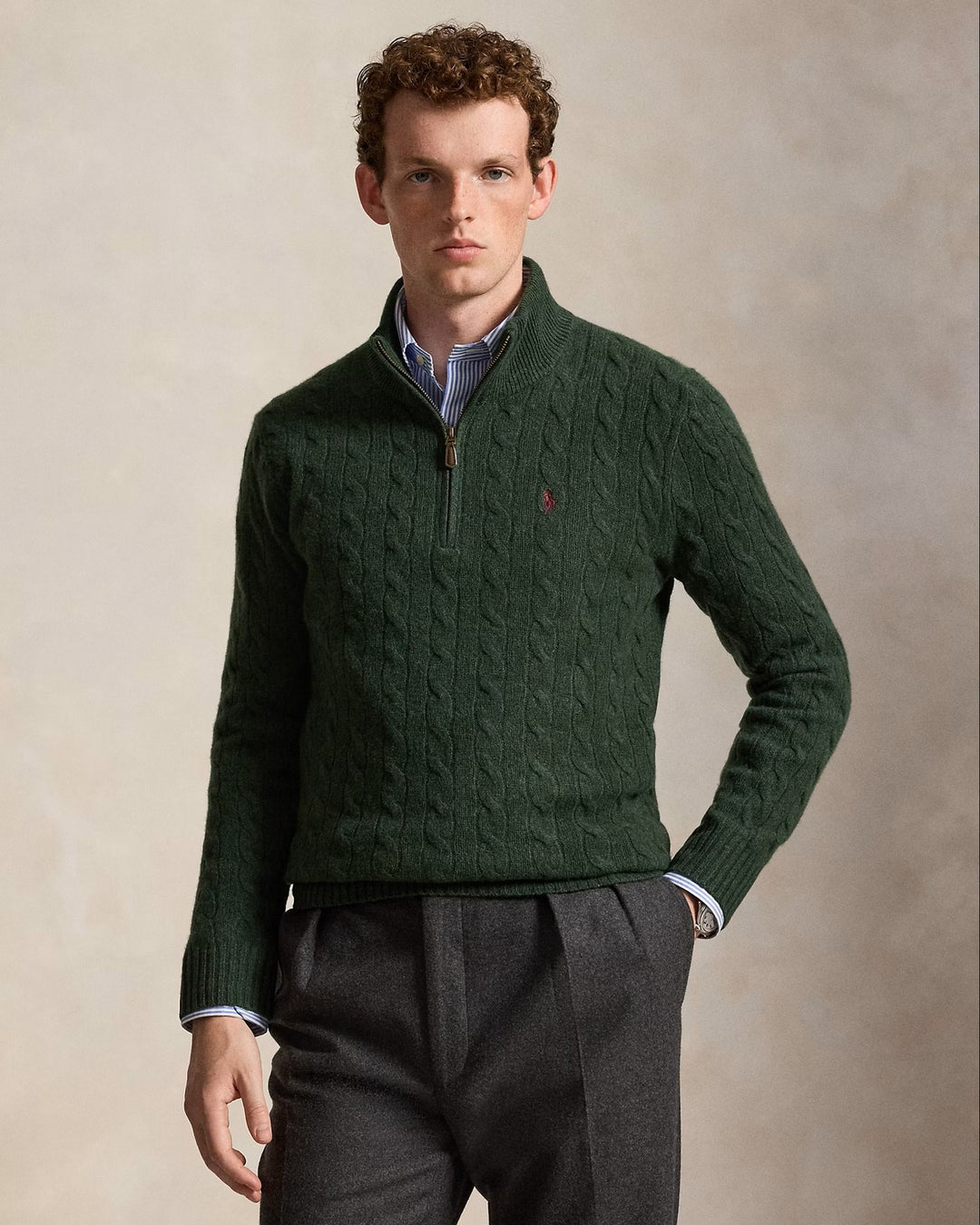 POLO Ralph Lauren Kabel Half Zip – Groen-90% wol, 10% kasjmier-HEREN TRUIEN & VESTEN-Groen