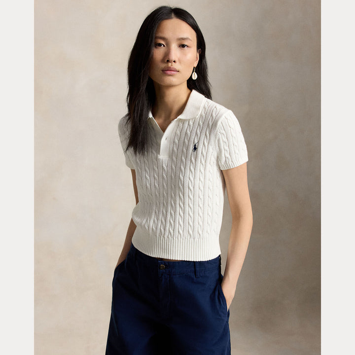 POLO Ralph Lauren kabelgebreid Polo-shirt - Wit-100% katoen-DAMES TOPS & BLOUSES-Wit