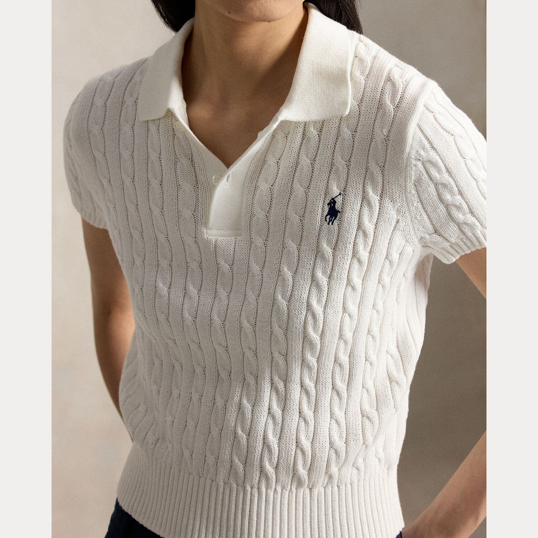 POLO Ralph Lauren kabelgebreid Polo-shirt - Wit-100% katoen-DAMES TOPS & BLOUSES-Wit