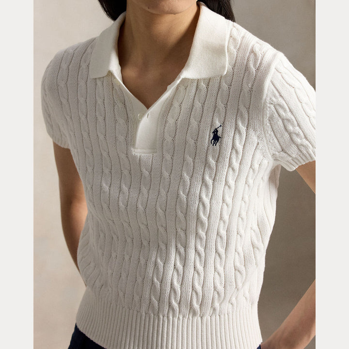 POLO Ralph Lauren kabelgebreid Polo-shirt - Wit-100% katoen-DAMES TOPS & BLOUSES-Wit
