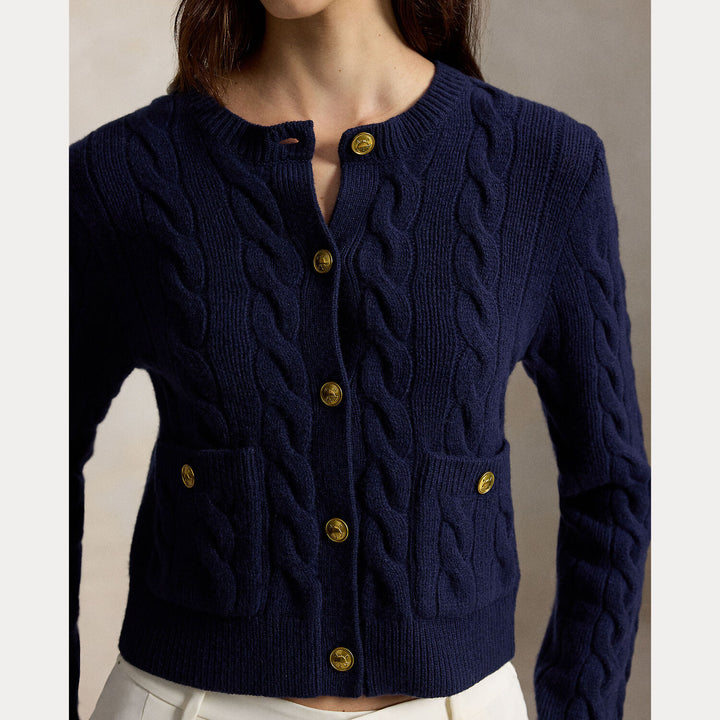 POLO Ralph Lauren Kabelgebreid Vest – Blauw-80% wol, 20% cashmere-DAMES TRUIEN & VESTEN-Blauw