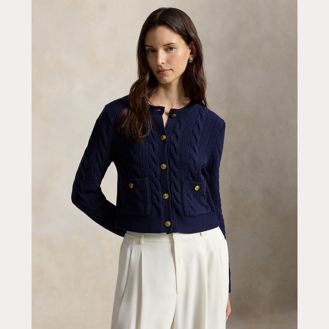 POLO Ralph Lauren Kabelgebreid Vest – Blauw-80% wol, 20% cashmere-DAMES TRUIEN & VESTEN-Blauw