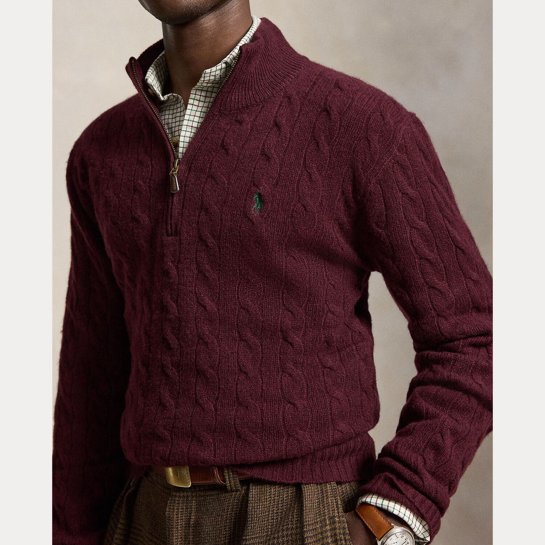 POLO Ralph Lauren Kabelgebreide Quarter-Zip Trui –-90% wol, 10% kashmier-HEREN TRUIEN & VESTEN-Rood