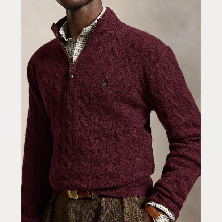 POLO Ralph Lauren Kabelgebreide Quarter-Zip Trui –-90% wol, 10% kashmier-HEREN TRUIEN & VESTEN-Rood
