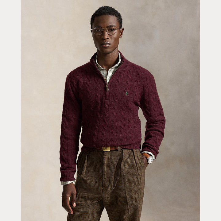 POLO Ralph Lauren Kabelgebreide Quarter-Zip Trui –-90% wol, 10% kashmier-HEREN TRUIEN & VESTEN-Rood