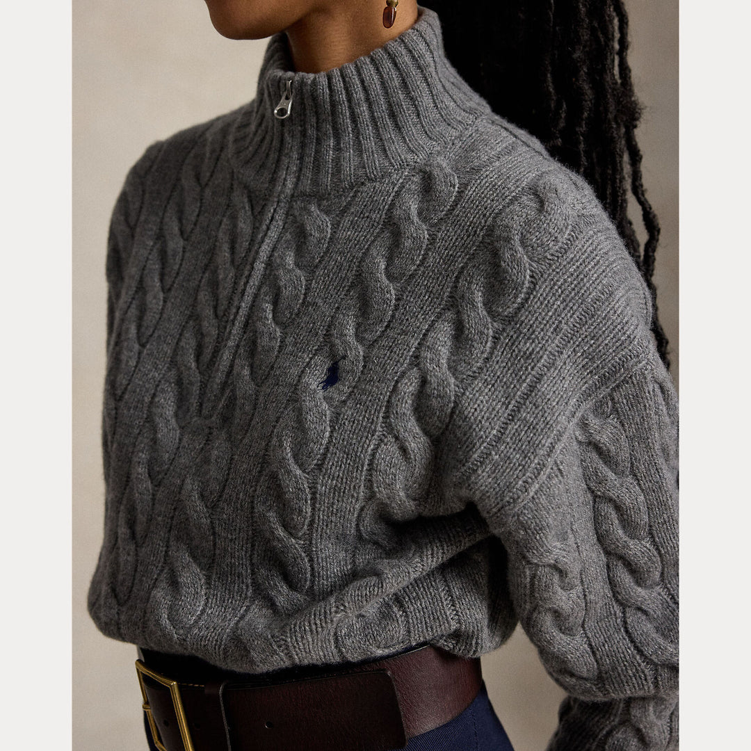 Polo Ralph Lauren Kabelgebreide Wol-Kasjmier Trui -80% wol, 20% kasjmier-DAMES TRUIEN & VESTEN-Grijs