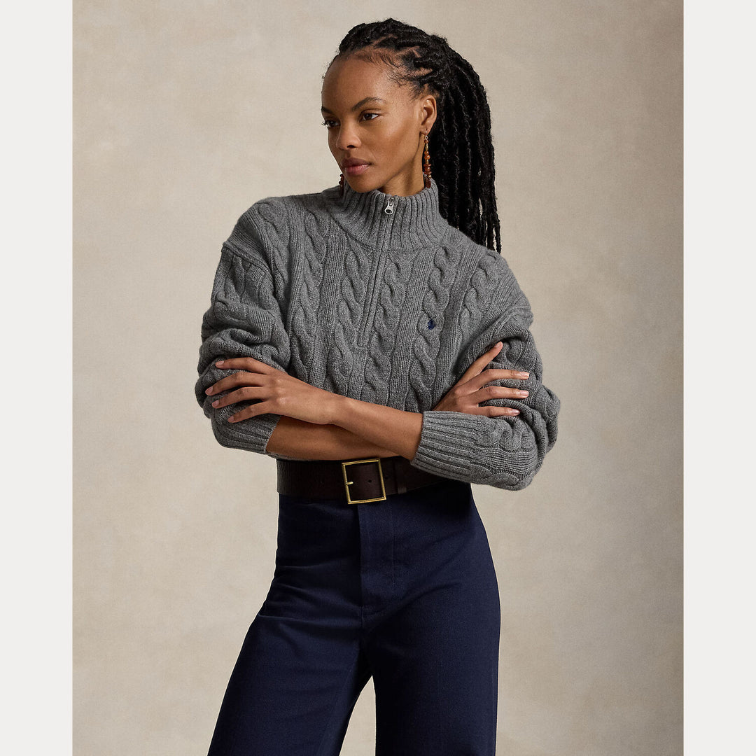 Polo Ralph Lauren Kabelgebreide Wol-Kasjmier Trui -80% wol, 20% kasjmier-DAMES TRUIEN & VESTEN-Grijs