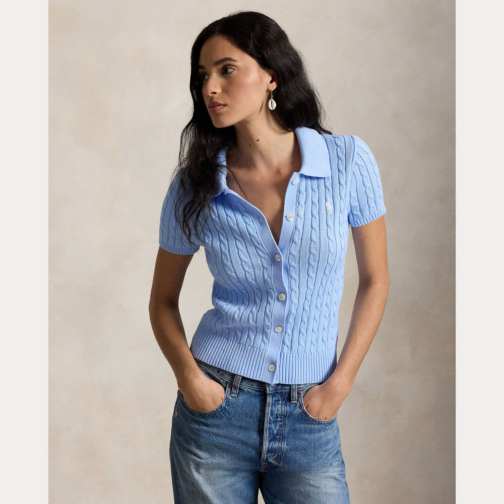 POLO Ralph Lauren kabelvest korte mouwen - Blauw-100% katoen-DAMES TRUIEN & VESTEN-Blauw