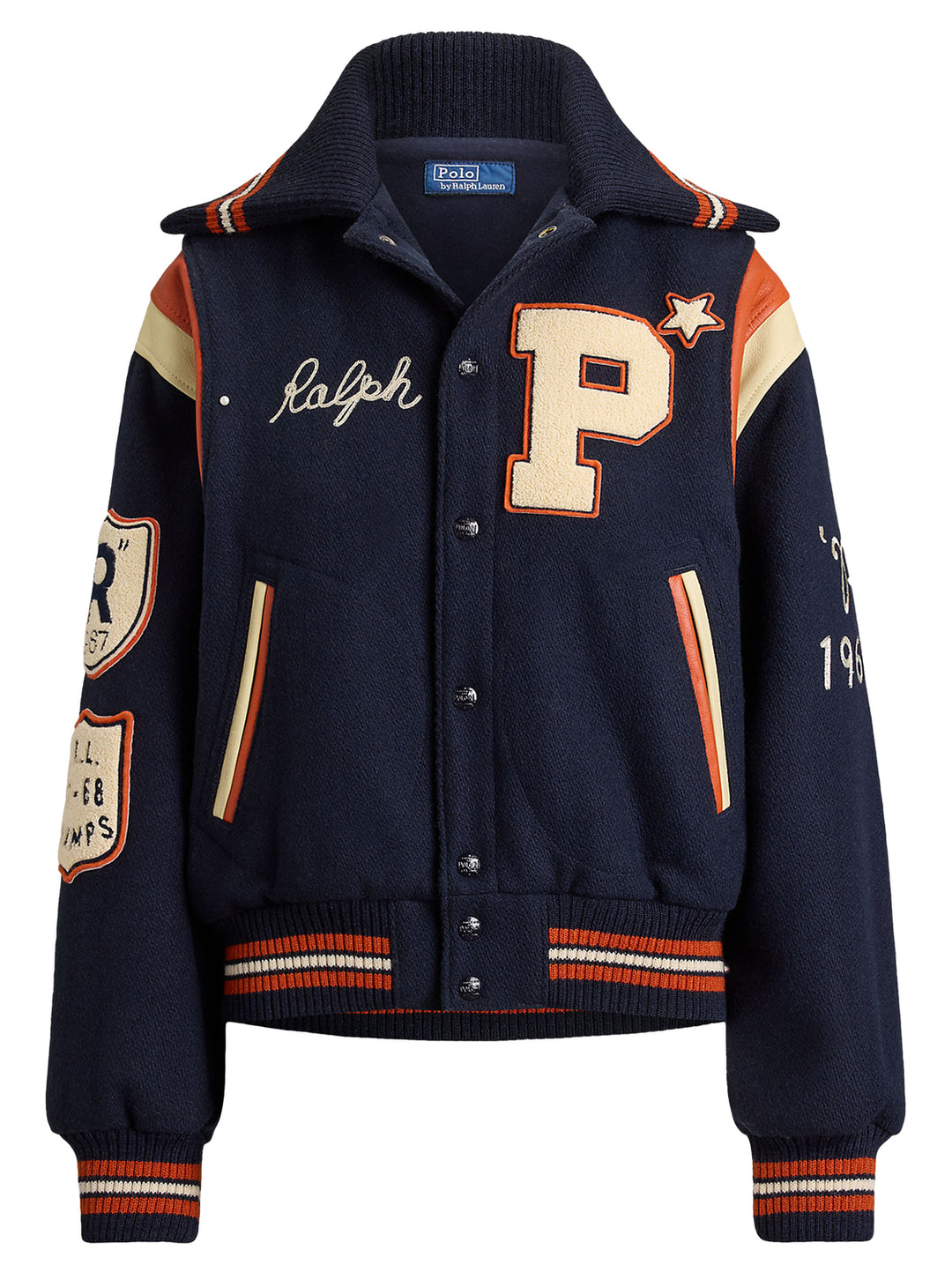 Polo Ralph Lauren Letter Jacket – Blauw-Buitenkant: 60% wol, 40% polyester <br />Afwerking: 100% leer <br />Voering romp: