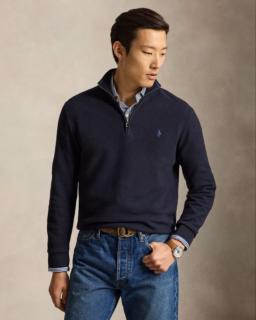 POLO Ralph Lauren Mesh Knit Half Zip – Blauw-100% katoen-HEREN TRUIEN & VESTEN-Blauw