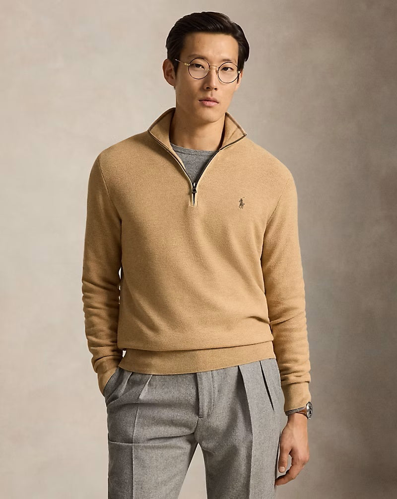 POLO Ralph Lauren Mesh Knit Half Zip – Bruin-100% katoen-HEREN TRUIEN & VESTEN-Bruin