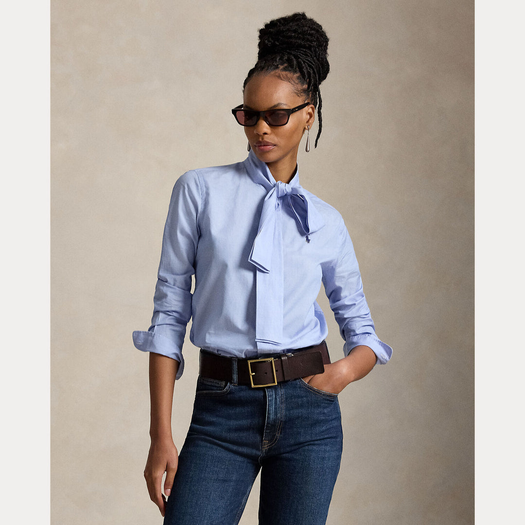 Polo Ralph Lauren Slim Fit Katoenen Blouse Strik-100% katoen-DAMES TOPS & BLOUSES-Blauw