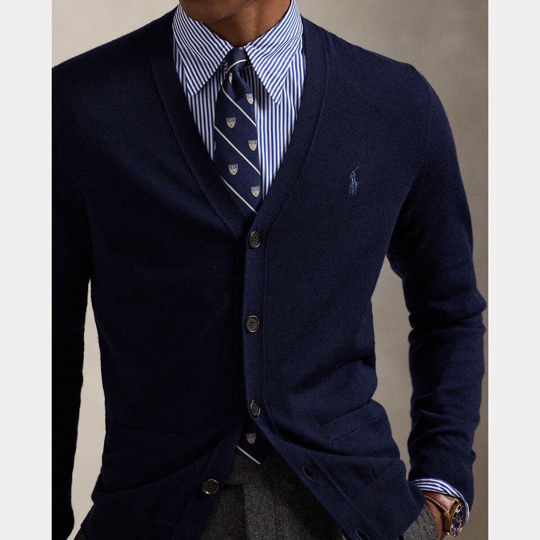 POLO Ralph Lauren Slim Fit V‑Neck Cardigan-100% wol-HEREN TRUIEN & VESTEN-Blauw