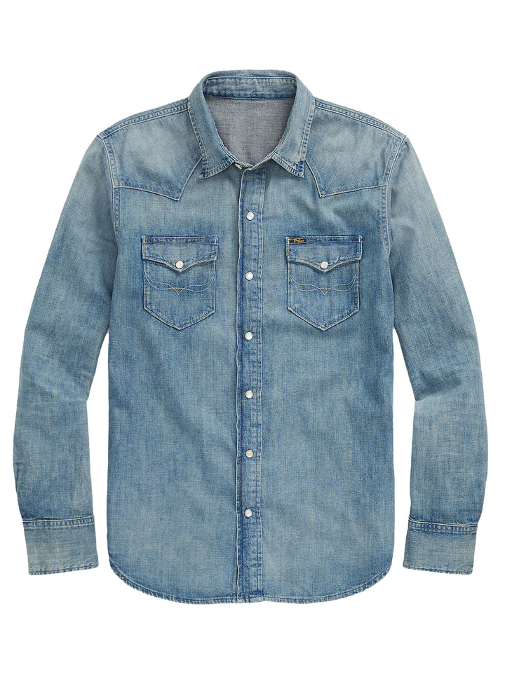 POLO Ralph Lauren Slub Denim Western Shirt – Blauw-100% katoen-HEREN SHIRTS-Blauw