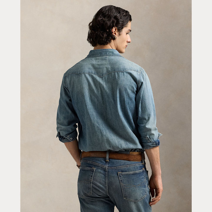 POLO Ralph Lauren Slub Denim Western Shirt – Blauw-100% katoen-HEREN SHIRTS-Blauw