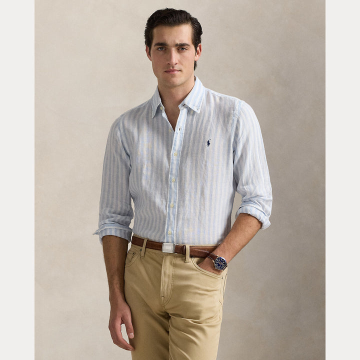 POLO Ralph Lauren Striped Linnen Shirt -100% linnen.-HEREN SHIRTS-Blauw