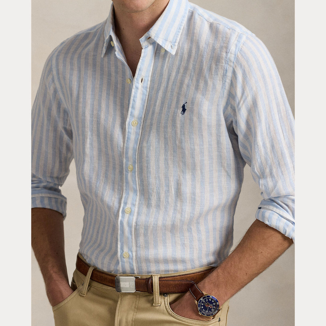 POLO Ralph Lauren Striped Linnen Shirt -100% linnen.-HEREN SHIRTS-Blauw