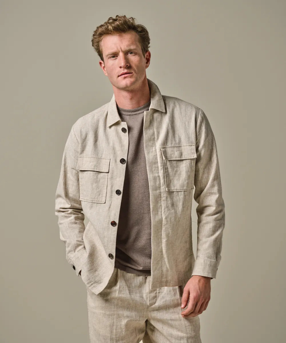 Profuomo beige linnen overshirt-55% linnen, 45% katoen-HEREN SHIRTS-Beige