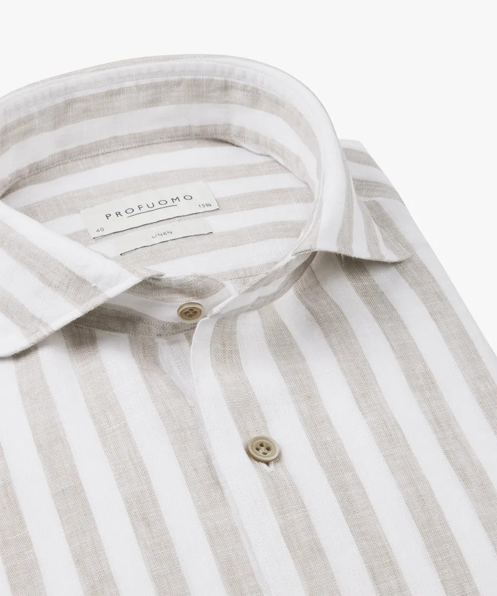 Profuomo beige linnen streep overhemd-100% Linnen-HEREN SHIRTS-Beige