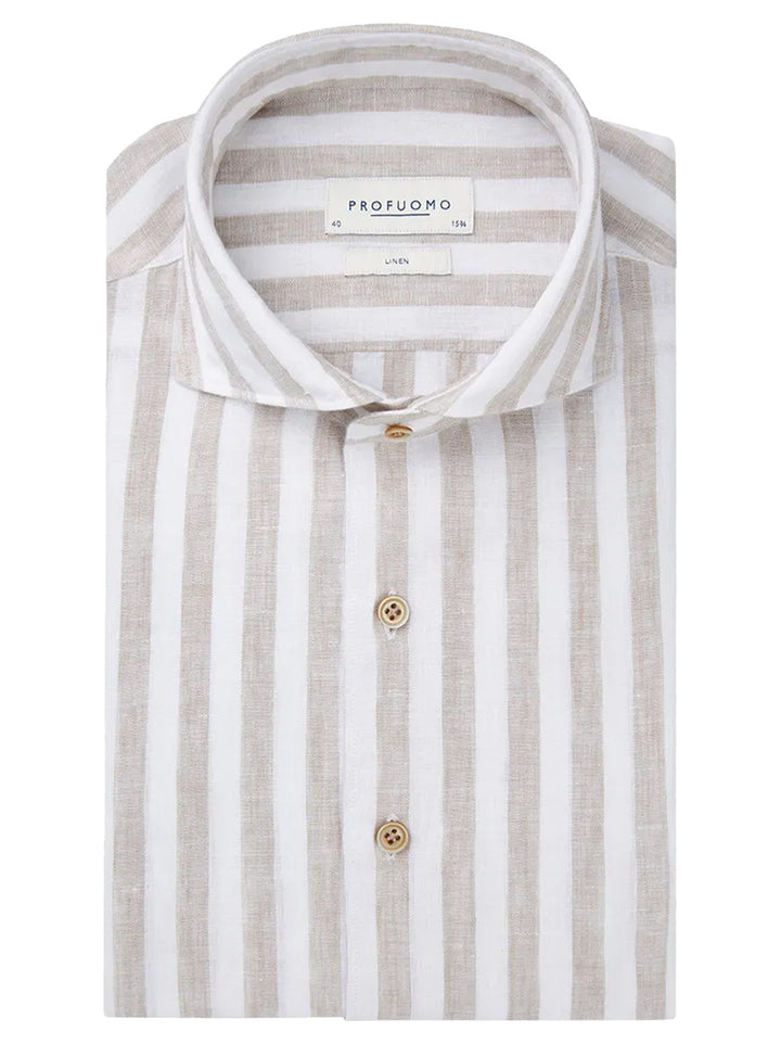Profuomo beige linnen streep overhemd-100% Linnen-HEREN SHIRTS-Beige