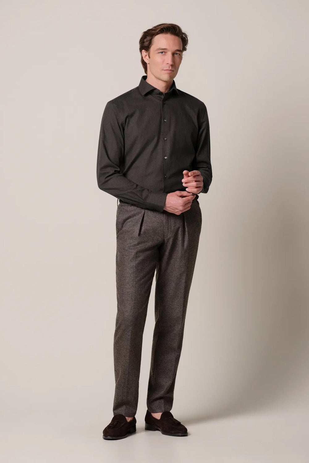 Profuomo Brushed Twill Slim Fit Overhemd – Bruin-100% katoen-HEREN SHIRTS-Bruin