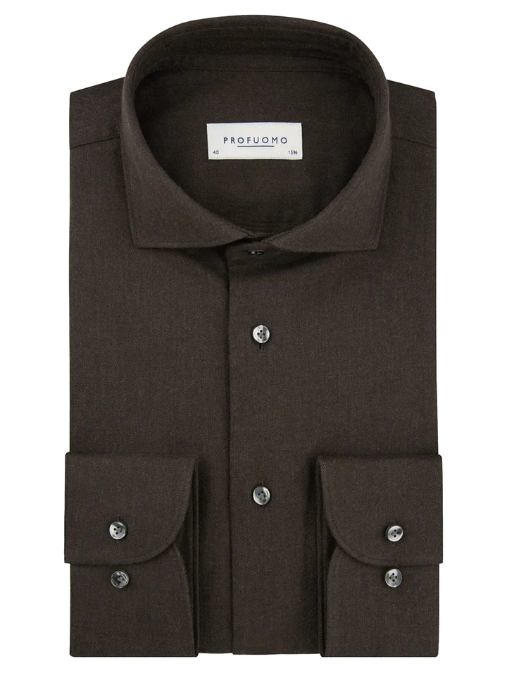Profuomo Brushed Twill Slim Fit Overhemd – Bruin-100% katoen-HEREN SHIRTS-Bruin