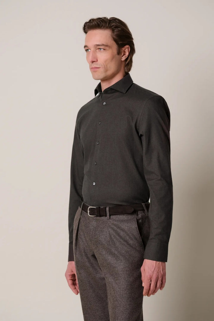 Profuomo Brushed Twill Slim Fit Overhemd – Bruin-100% katoen-HEREN SHIRTS-Bruin