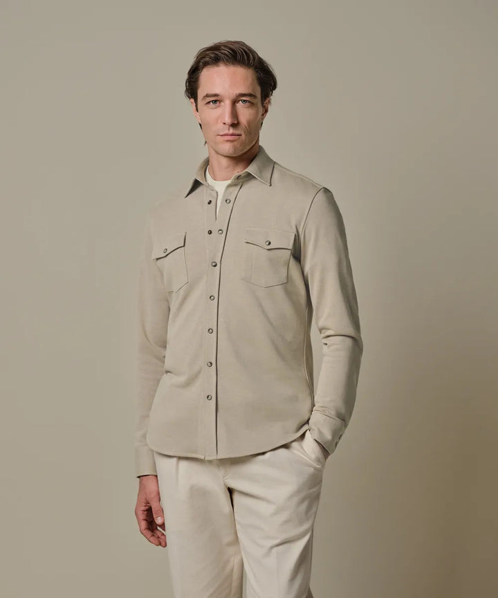 Profuomo French Terry Overshirt Western – Beige-85% katoen, 15% polyester-HEREN SHIRTS-Beige
