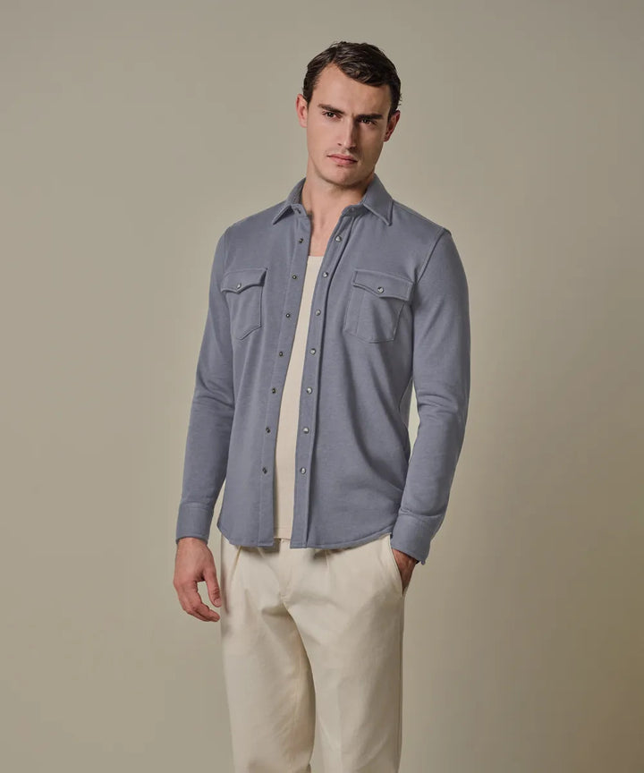 Profuomo French Terry Overshirt Western – Blauw-85% katoen, 15% polyester-HEREN SHIRTS-Blauw