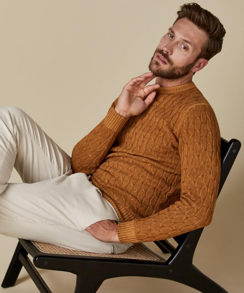 Profuomo gele kabeltrui-Knitted-HEREN TRUIEN & VESTEN-Geel