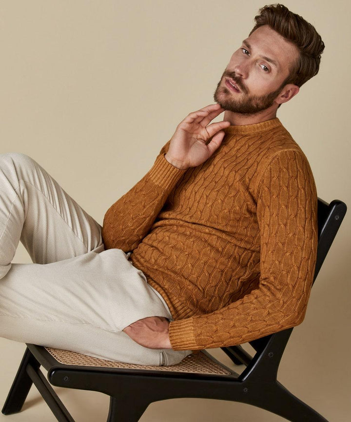 Profuomo gele kabeltrui-Knitted-HEREN TRUIEN & VESTEN-Geel