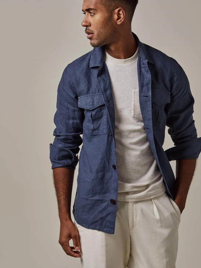 Profuomo jacket navy-55% linnen / 45% katoen-HEREN SHIRTS-Blauw