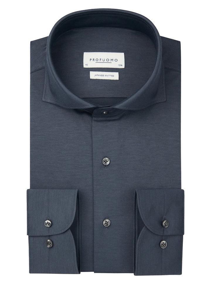 Profuomo Japanese Knitted Shirt – Blauw-50% katoen, 50% polyester-HEREN SHIRTS-Blauw