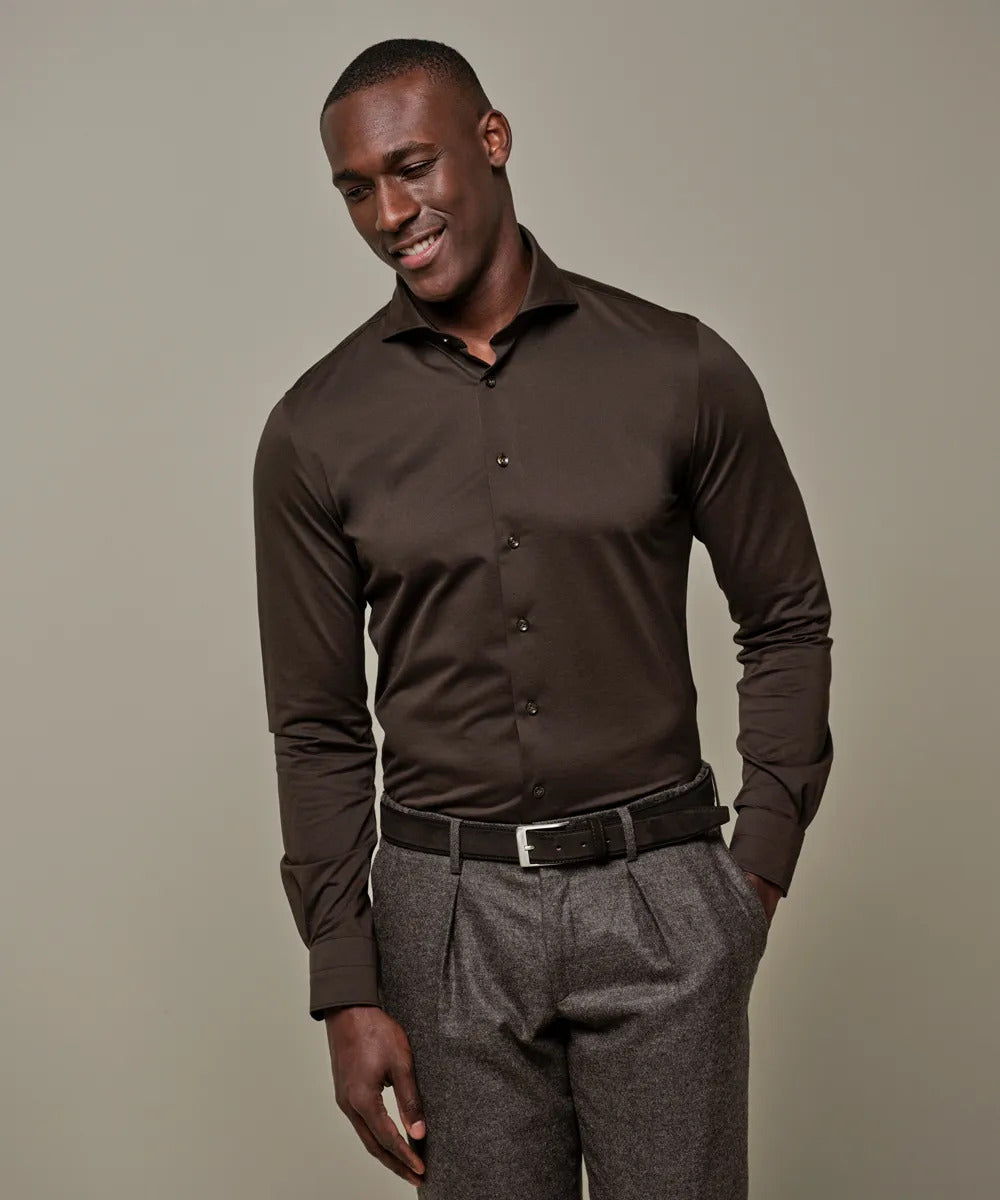 Profuomo Japanese Knitted Shirt – Donker‑bruin-50% katoen, 50 % polyester-HEREN SHIRTS-Bruin