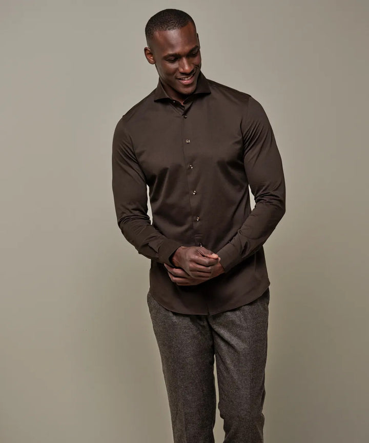Profuomo Japanese Knitted Shirt – Donker‑bruin-50% katoen, 50 % polyester-HEREN SHIRTS-Bruin