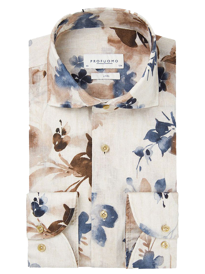 Profuomo Linnen Overhemd Bloemenprint – Beige-100% Linnen-HEREN SHIRTS-Beige