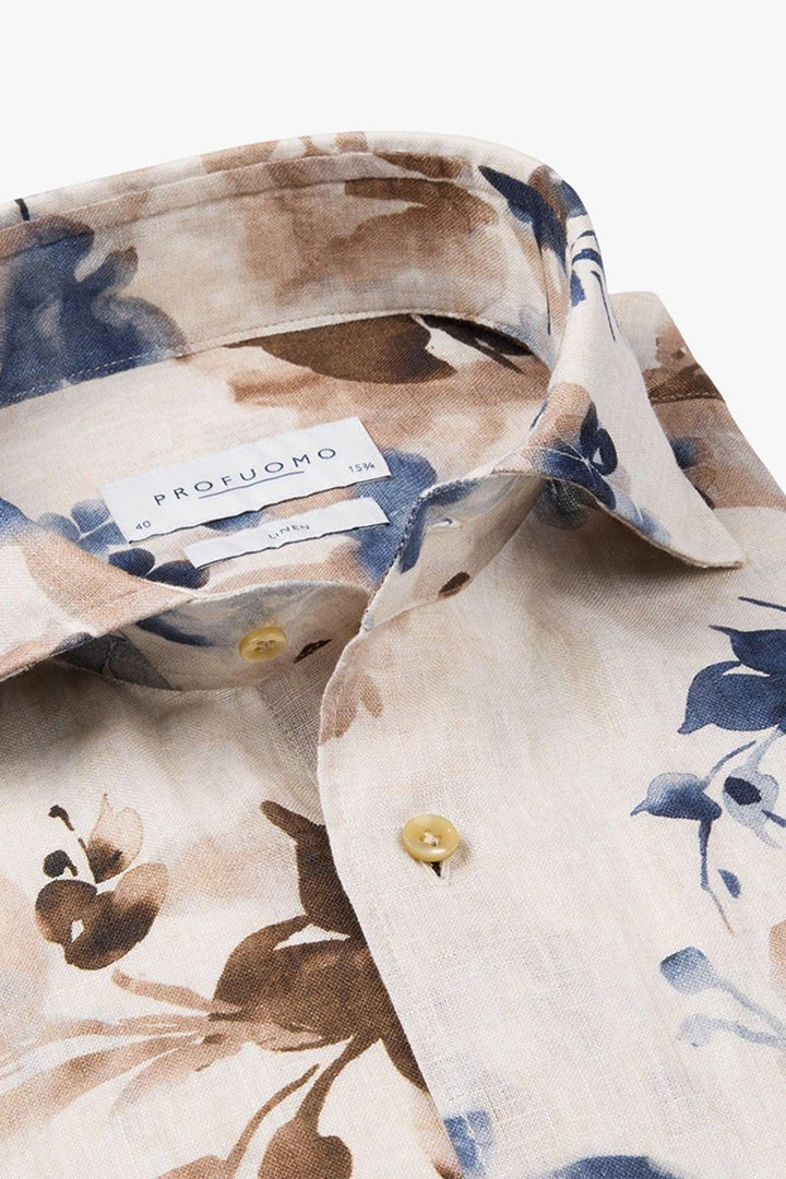 Profuomo Linnen Overhemd Bloemenprint – Beige-100% Linnen-HEREN SHIRTS-Beige