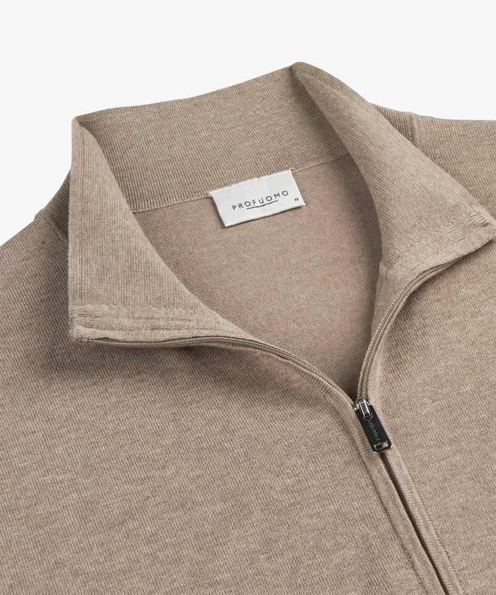 Profuomo Luxury Basic Full‑Zip Cardigan – Beige-56% lyocell, 20% katoen, 20% polyamide, 4% zijde-HEREN TRUIEN & VESTEN-Beige
