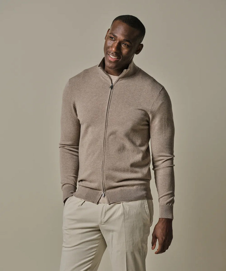 Profuomo Luxury Basic Full‑Zip Cardigan – Beige-56% lyocell, 20% katoen, 20% polyamide, 4% zijde-HEREN TRUIEN & VESTEN-Beige