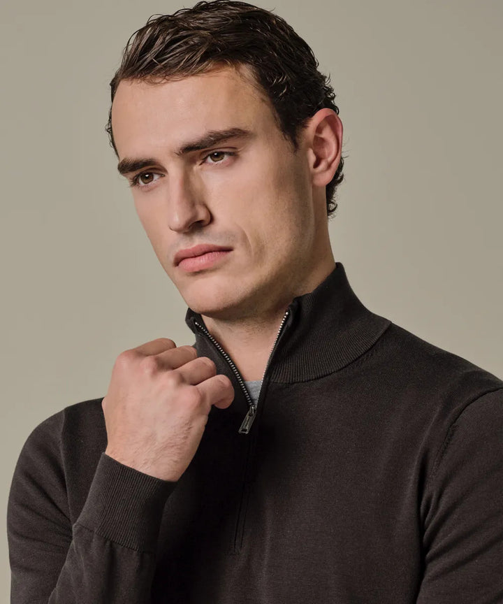 Profuomo Luxury Basic Half Zip Pullover – Donkerbr-56% tencel, 20% katoen, 20% polyamide, 4% zijde-HEREN TRUIEN & VESTEN-
